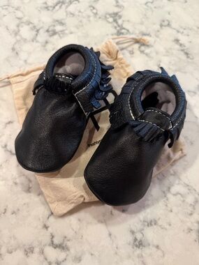 Freshly Picked Baby Black Leather Moccasin Booties - Soft Sole Kids Shoes